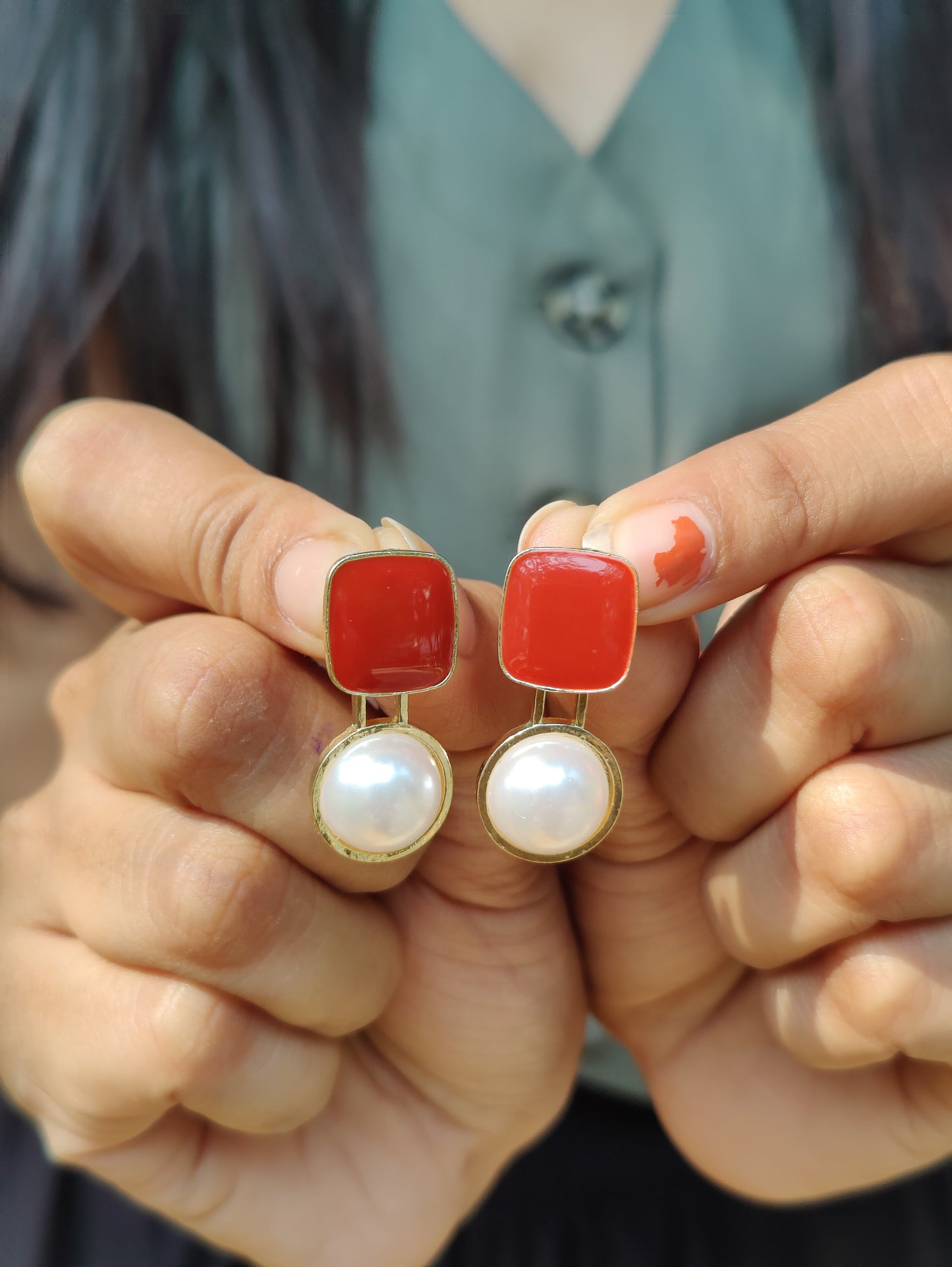 Rusty Modern Geometric Pearl Drop Earrings