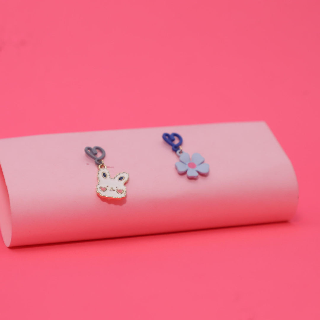 Rusty Blue Bunny & Flower Heart Drop Earrings – Cute Mismatch Design