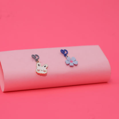 Rusty Blue Bunny & Flower Heart Drop Earrings – Cute Mismatch Design