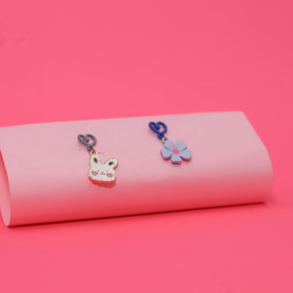 Rusty Blue Bunny & Flower Heart Drop Earrings – Cute Mismatch Design