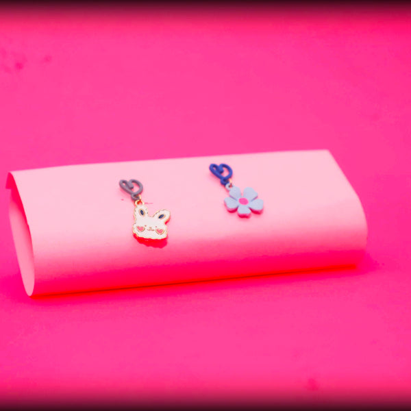 Rusty Blue Bunny & Flower Heart Drop Earrings – Cute Mismatch Design