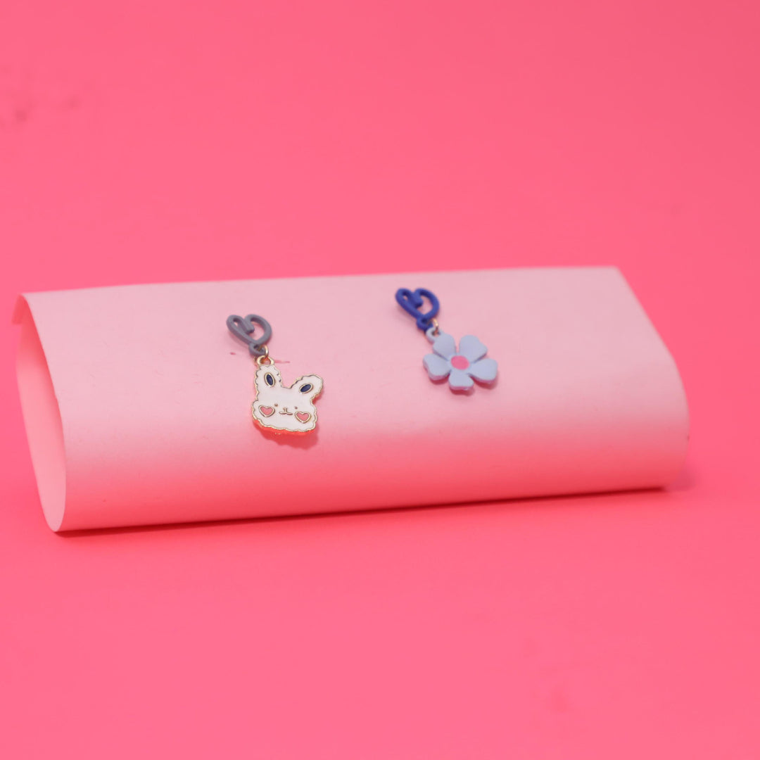 Rusty Blue Bunny & Flower Heart Drop Earrings – Cute Mismatch Design