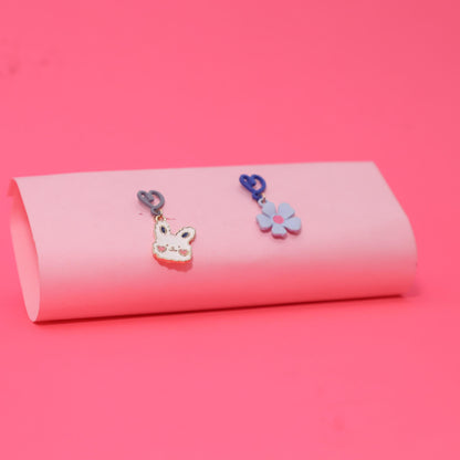 Rusty Blue Bunny & Flower Heart Drop Earrings – Cute Mismatch Design