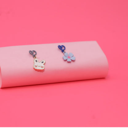 Rusty Blue Bunny & Flower Heart Drop Earrings – Cute Mismatch Design
