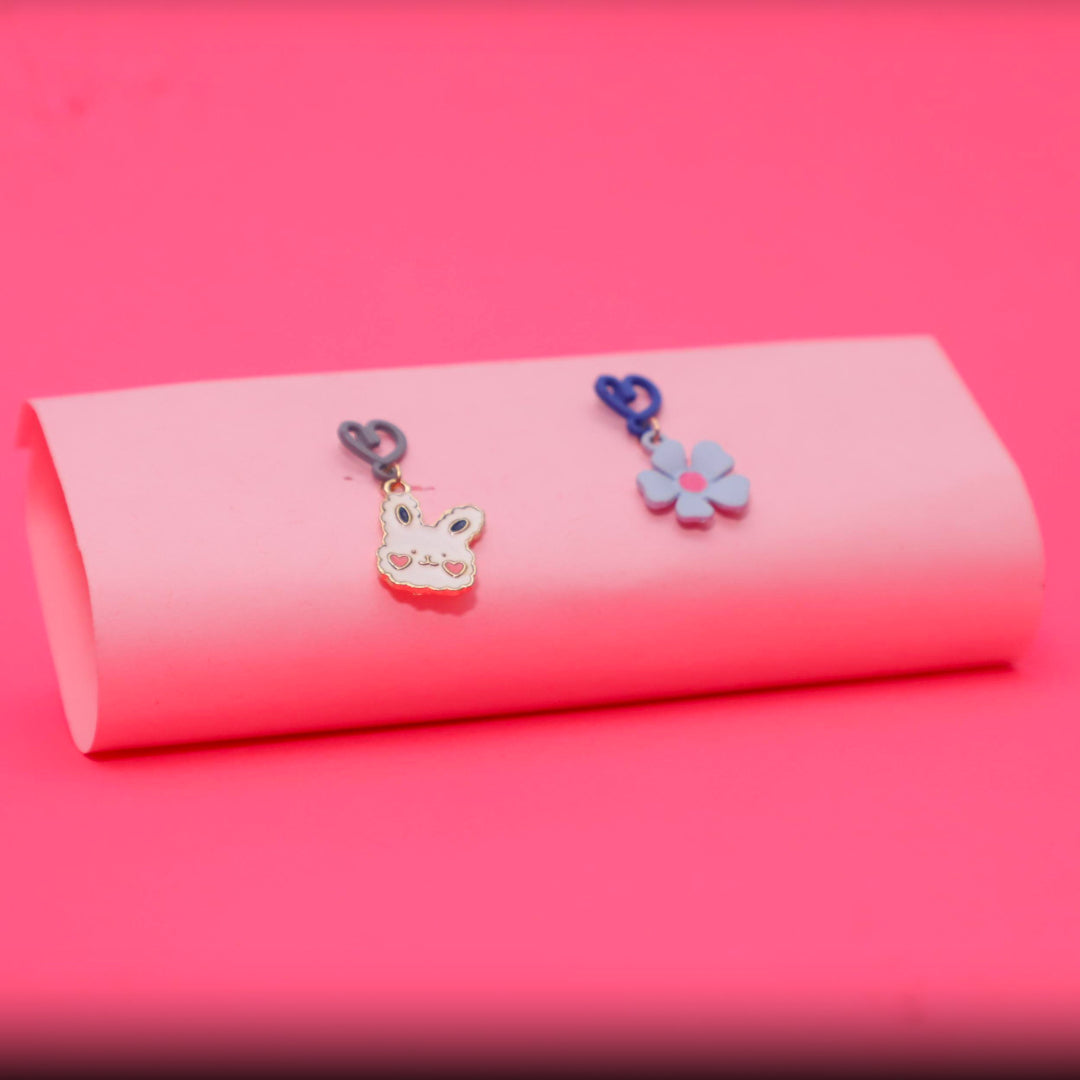 Rusty Blue Bunny & Flower Heart Drop Earrings – Cute Mismatch Design