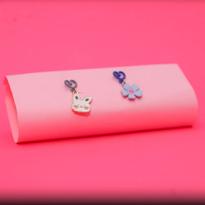 Rusty Blue Bunny & Flower Heart Drop Earrings – Cute Mismatch Design