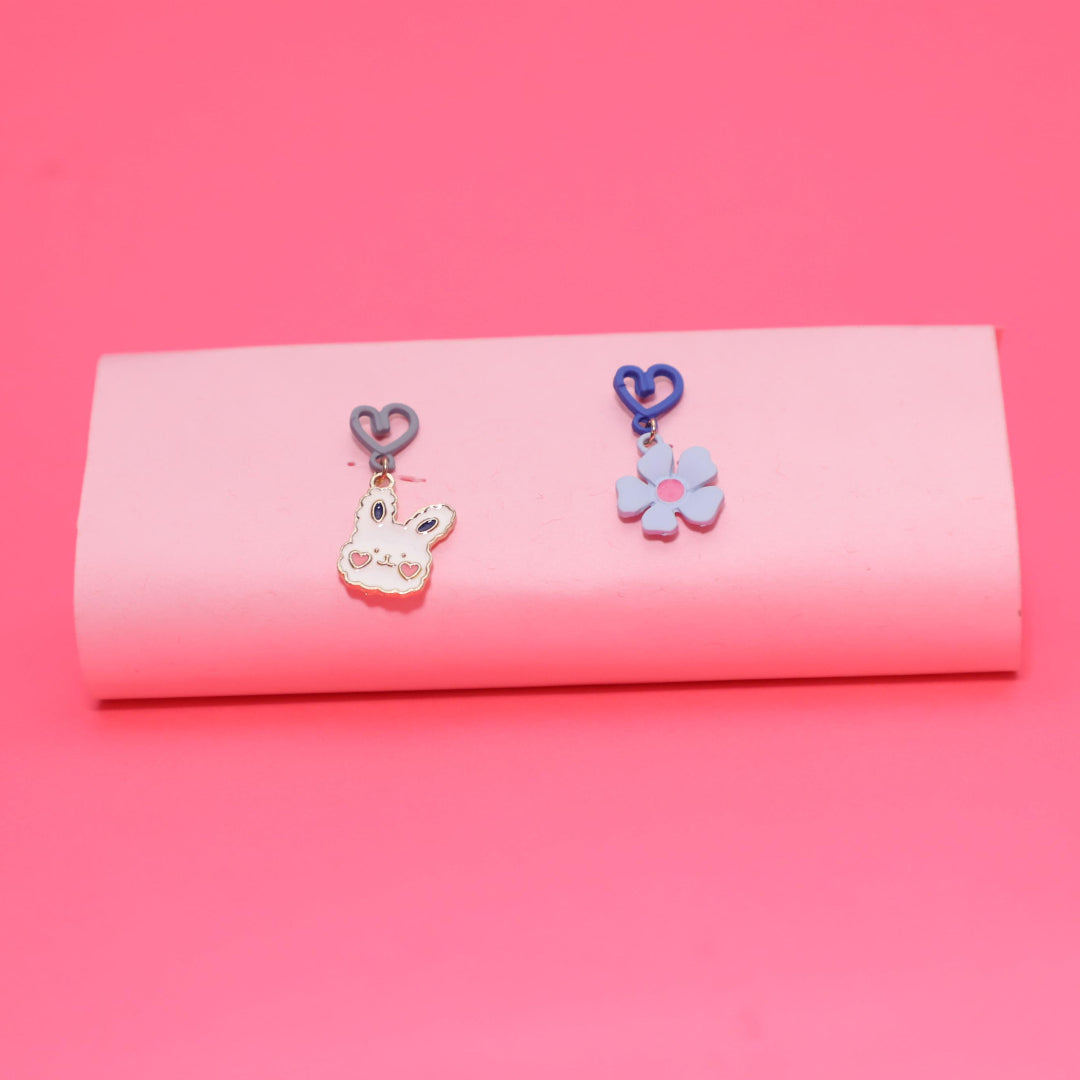 Rusty Blue Bunny & Flower Heart Drop Earrings – Cute Mismatch Design