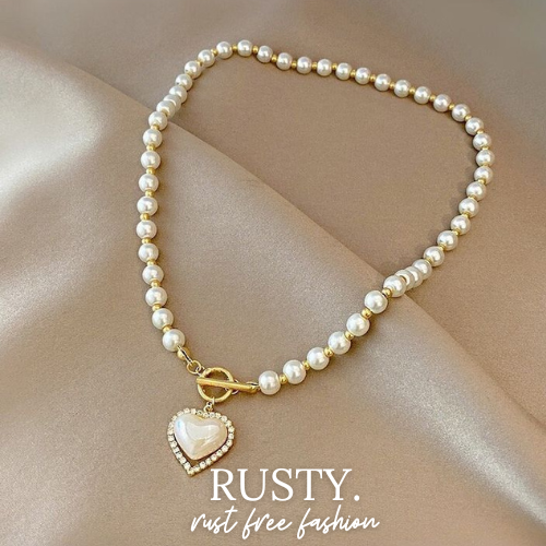 Elegant Pearl Beaded Necklace with Heart Pendant – Rust-Free Fashion by Rusty