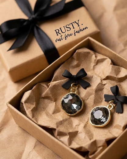 Rusty Black Bow Crystal Earrings