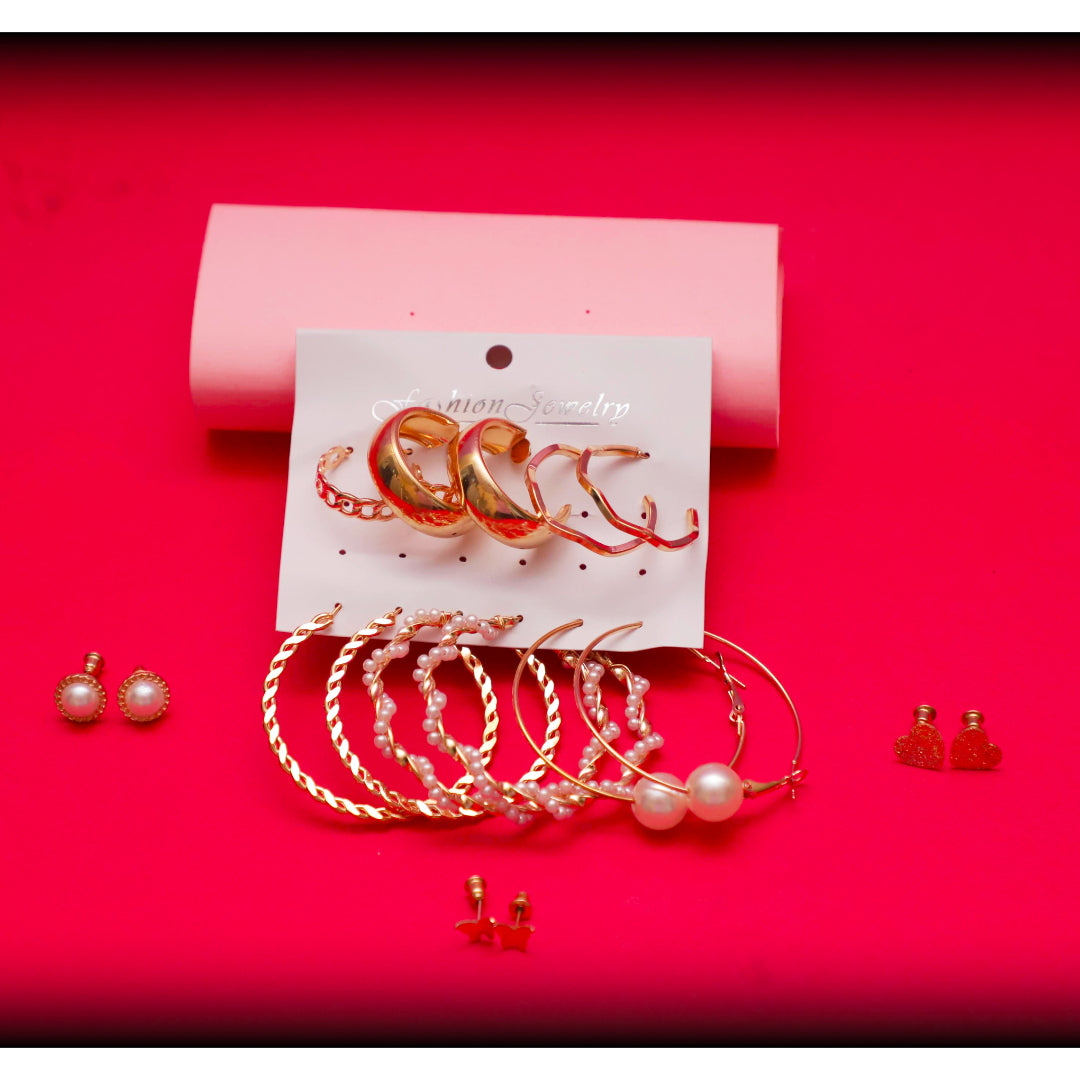 Rusty Golden Glam Hoop & Stud Earring Set (8 Pairs)