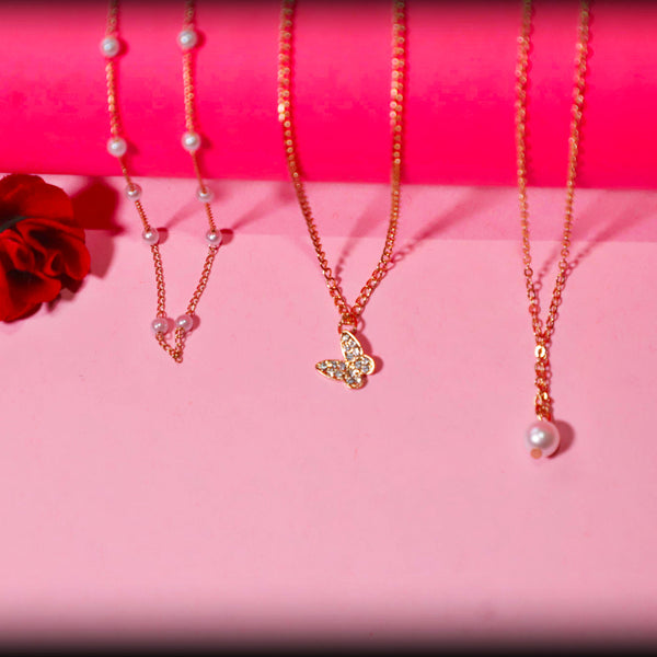 Rusty Layered Pearl & Butterfly Charm Necklace Set – 3 Layer Gold Chain