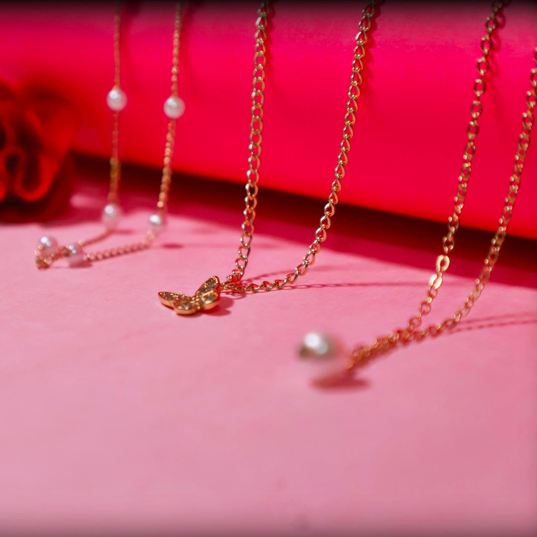 Rusty Layered Pearl & Butterfly Charm Necklace Set – 3 Layer Gold Chain