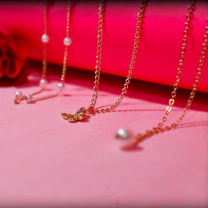 Rusty Layered Pearl & Butterfly Charm Necklace Set – 3 Layer Gold Chain