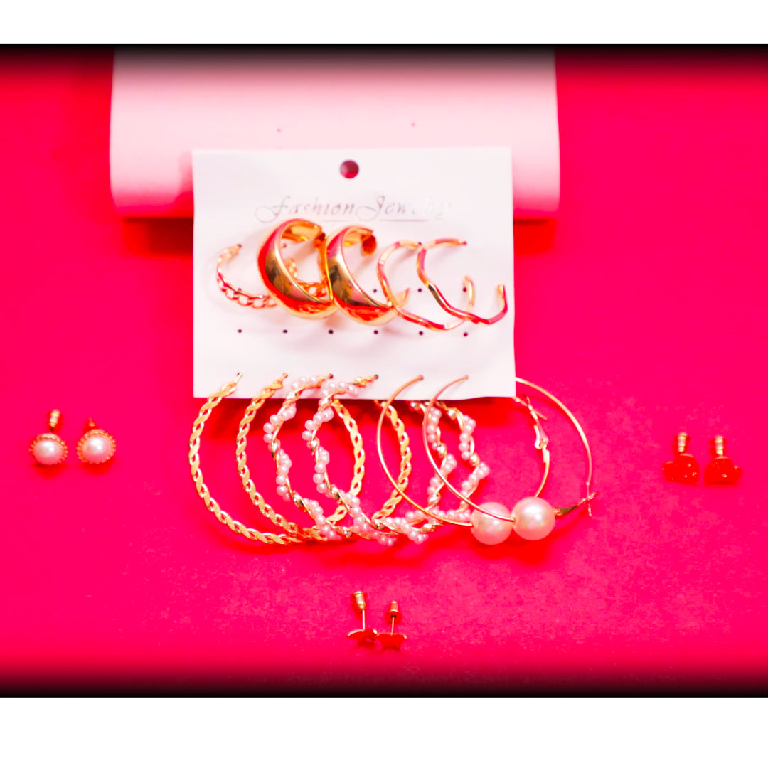 Rusty Golden Glam Hoop & Stud Earring Set (8 Pairs)