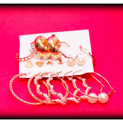 Rusty Golden Glam Hoop & Stud Earring Set (8 Pairs)