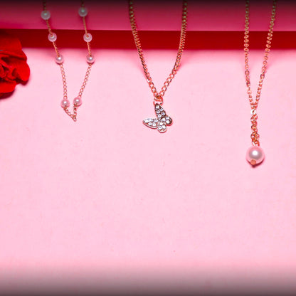 Rusty Layered Pearl & Butterfly Charm Necklace Set – 3 Layer Gold Chain