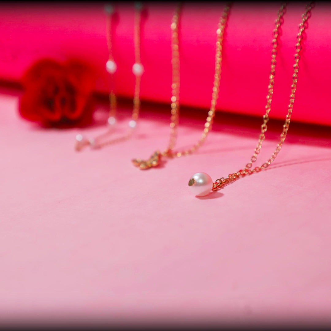 Rusty Layered Pearl & Butterfly Charm Necklace Set – 3 Layer Gold Chain