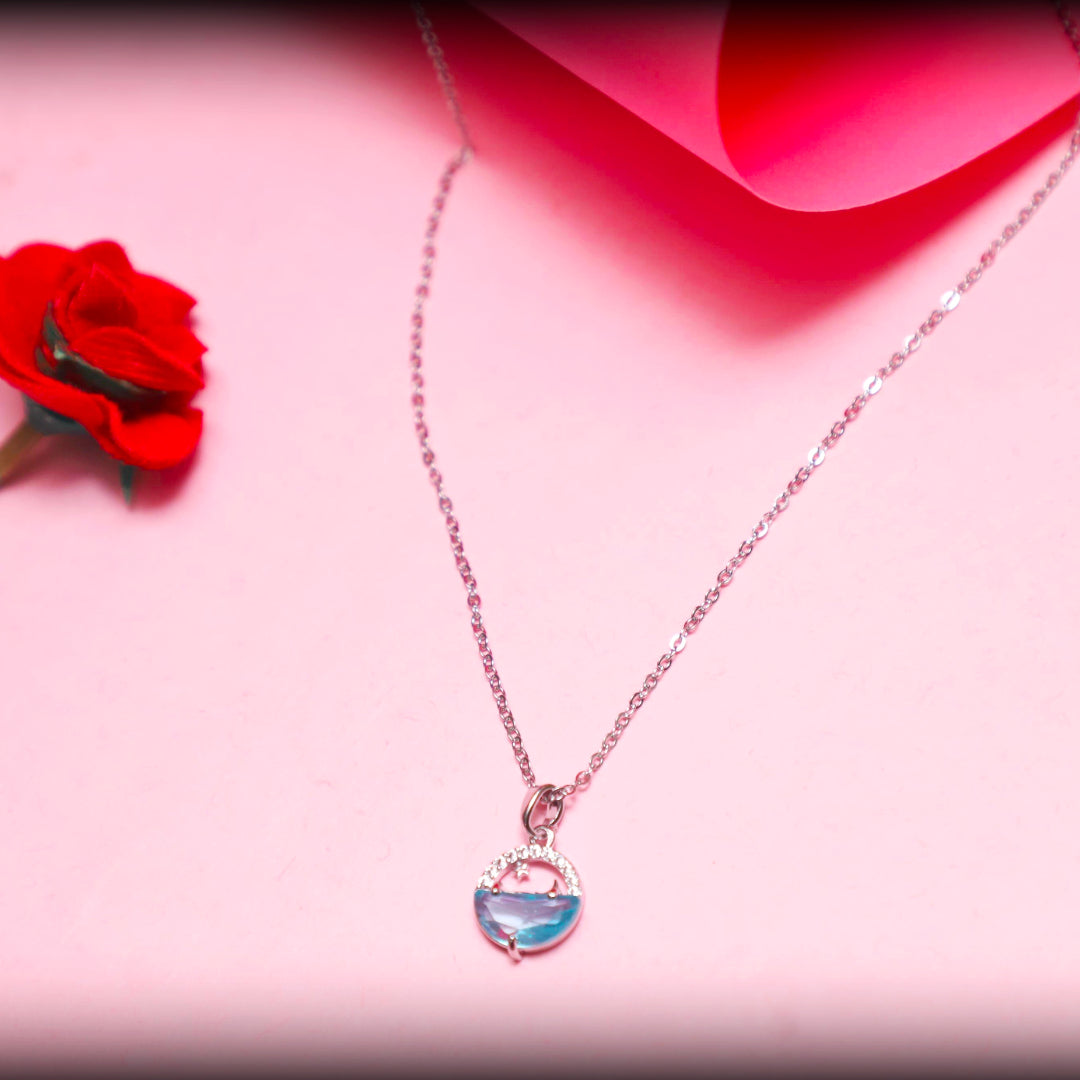 Moon & Ocean Wave Pendant Necklace – Silver-Tone Crystal Charm by Rusty