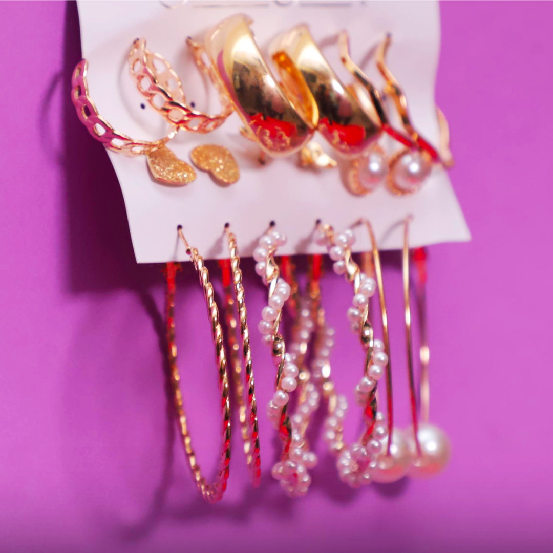 Rusty Golden Glam Hoop & Stud Earring Set (8 Pairs)