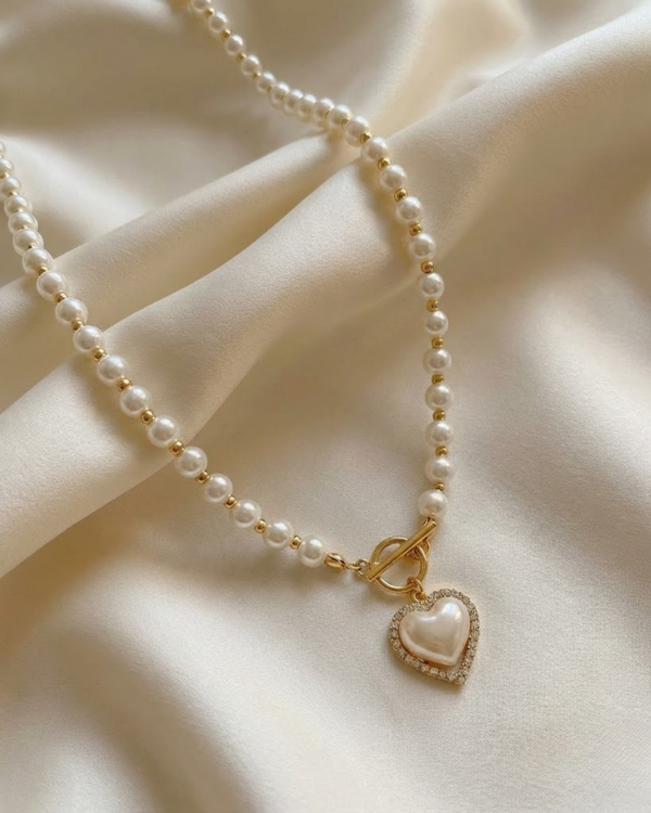 Elegant Pearl Beaded Necklace with Heart Pendant – Rust-Free Fashion by Rusty