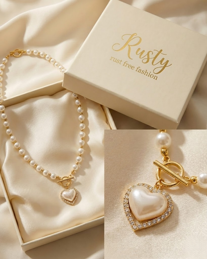Elegant Pearl Beaded Necklace with Heart Pendant – Rust-Free Fashion by Rusty