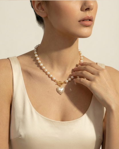 Elegant Pearl Beaded Necklace with Heart Pendant – Rust-Free Fashion by Rusty