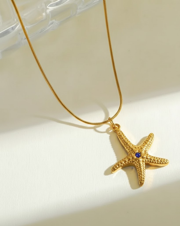 Gold Starfish Pendant Necklace with Blue Zircon – Ocean-Inspired Jewelry by Rusty