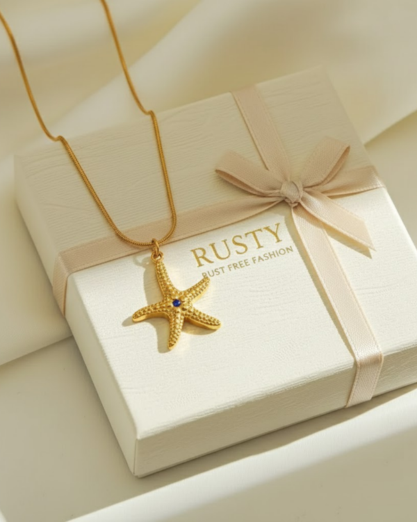 Gold Starfish Pendant Necklace with Blue Zircon – Ocean-Inspired Jewelry by Rusty