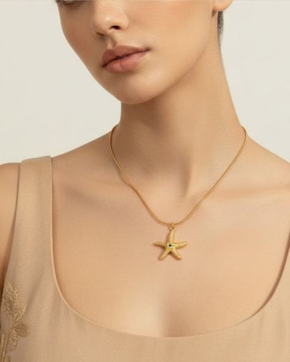 Gold Starfish Pendant Necklace with Blue Zircon – Ocean-Inspired Jewelry by Rusty