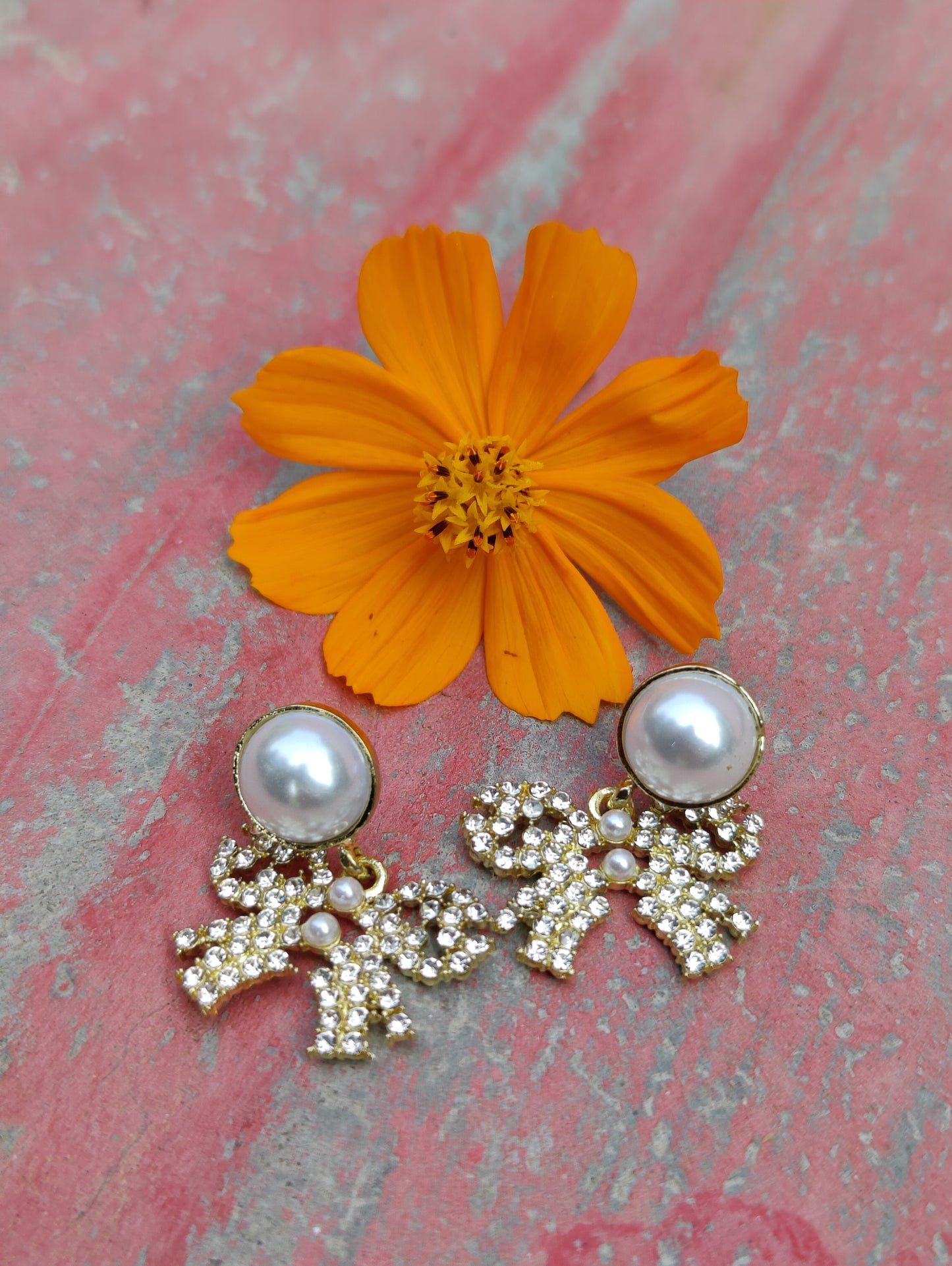 Rusty Pearl Bow Drop Earrings