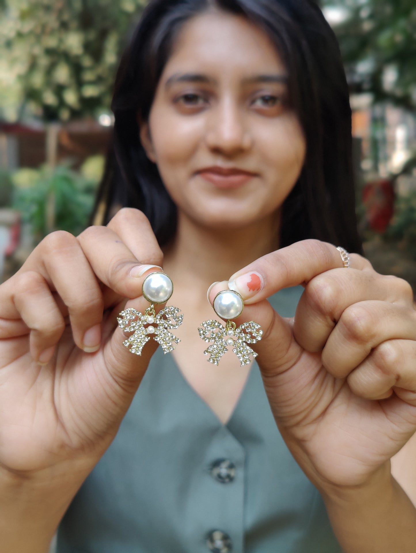 Rusty Pearl Bow Drop Earrings