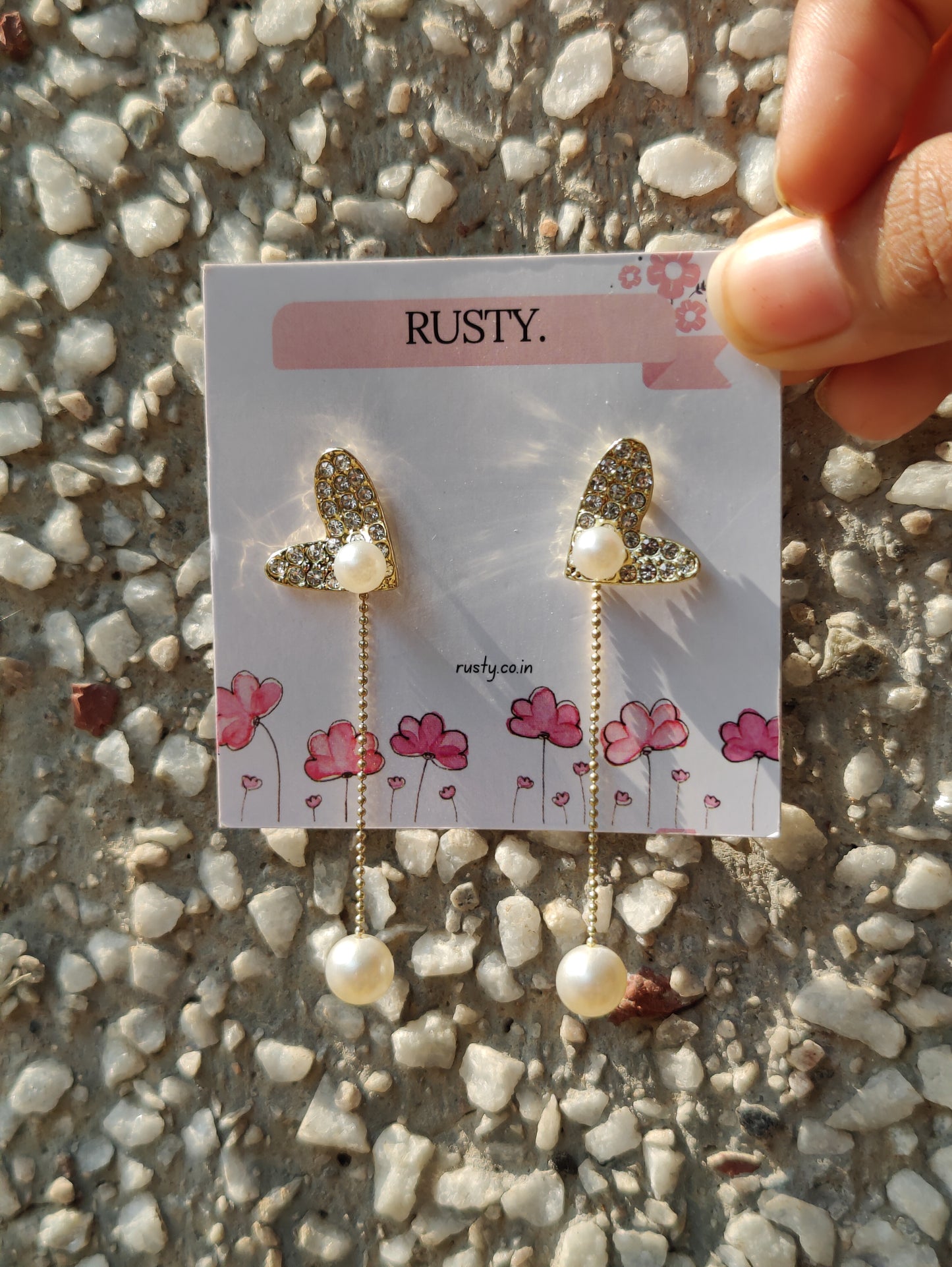 Rusty Crystal Heart Pearl Drop Earrings