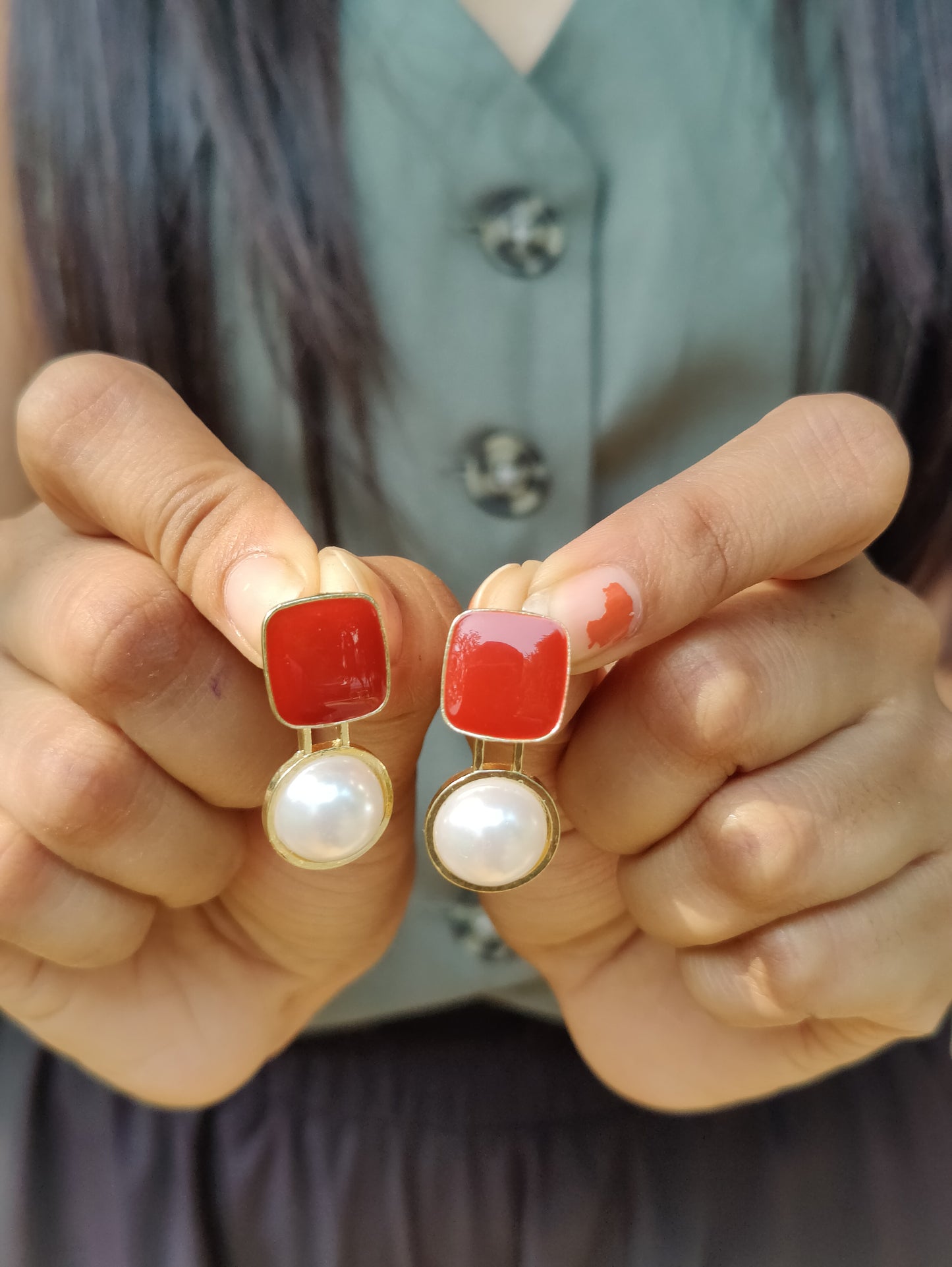 Rusty Modern Geometric Pearl Drop Earrings