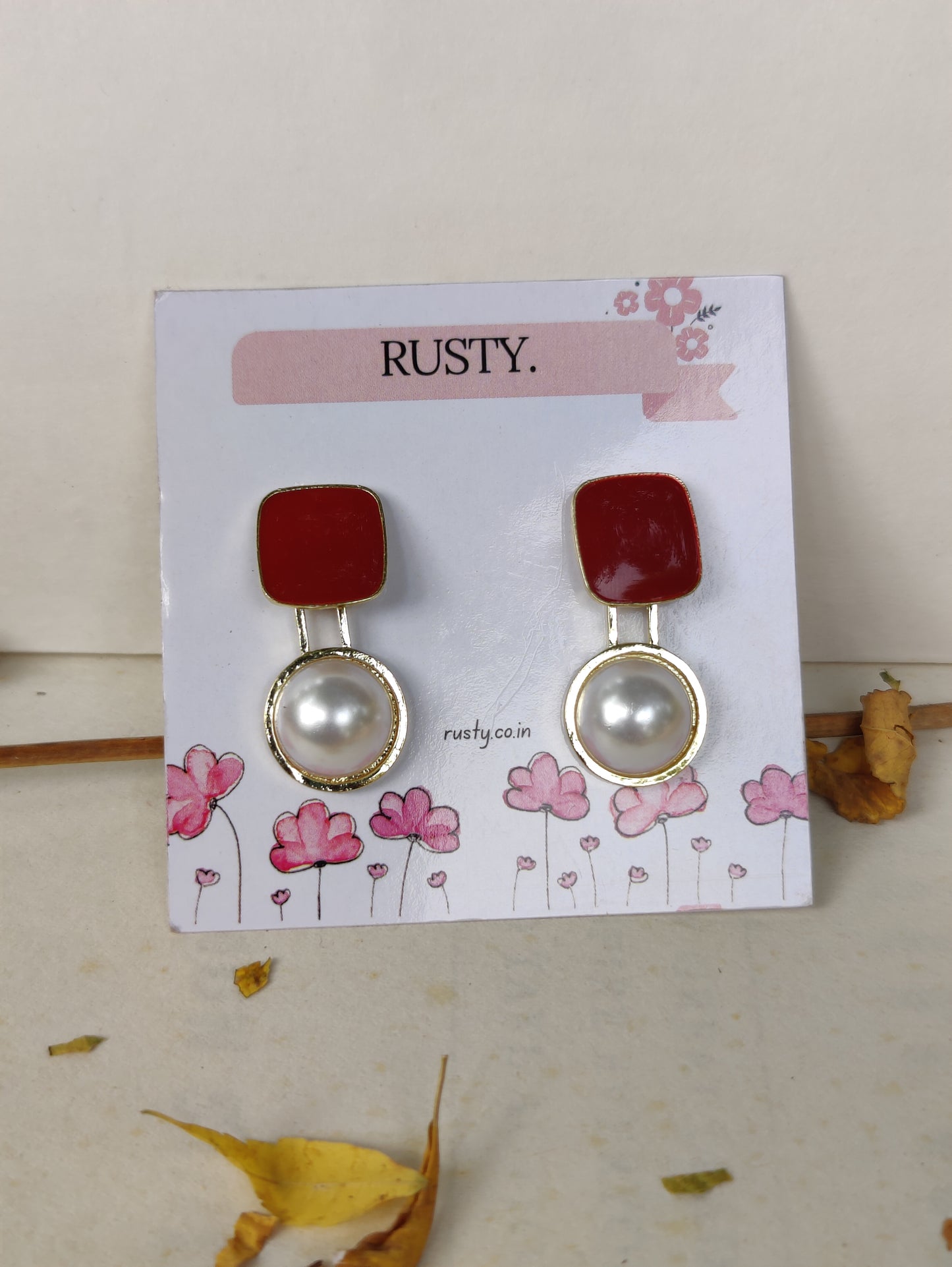 Rusty Modern Geometric Pearl Drop Earrings