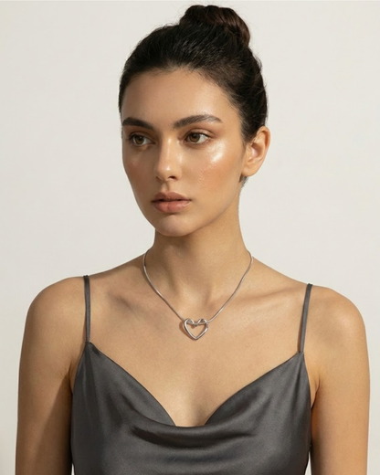 Minimalist Hollow Heart Pendant Necklace – Silver-Tone by Rusty