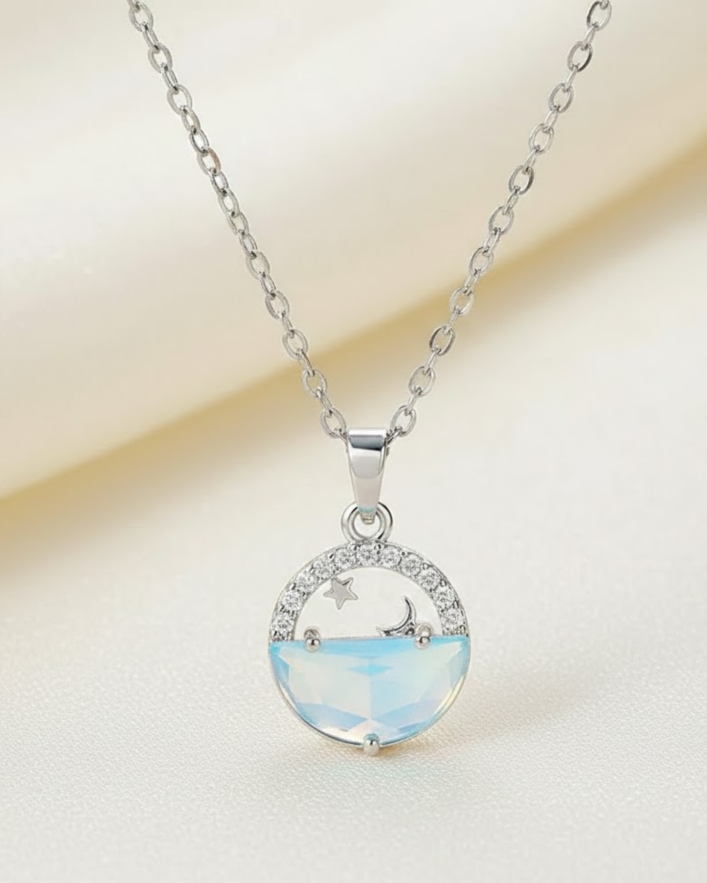 Moon & Ocean Wave Pendant Necklace – Silver-Tone Crystal Charm by Rusty