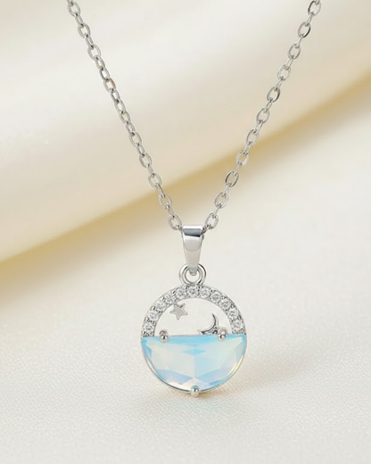 Moon & Ocean Wave Pendant Necklace – Silver-Tone Crystal Charm by Rusty