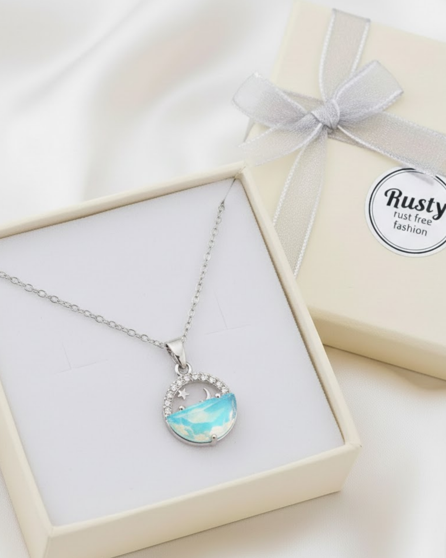 Moon & Ocean Wave Pendant Necklace – Silver-Tone Crystal Charm by Rusty