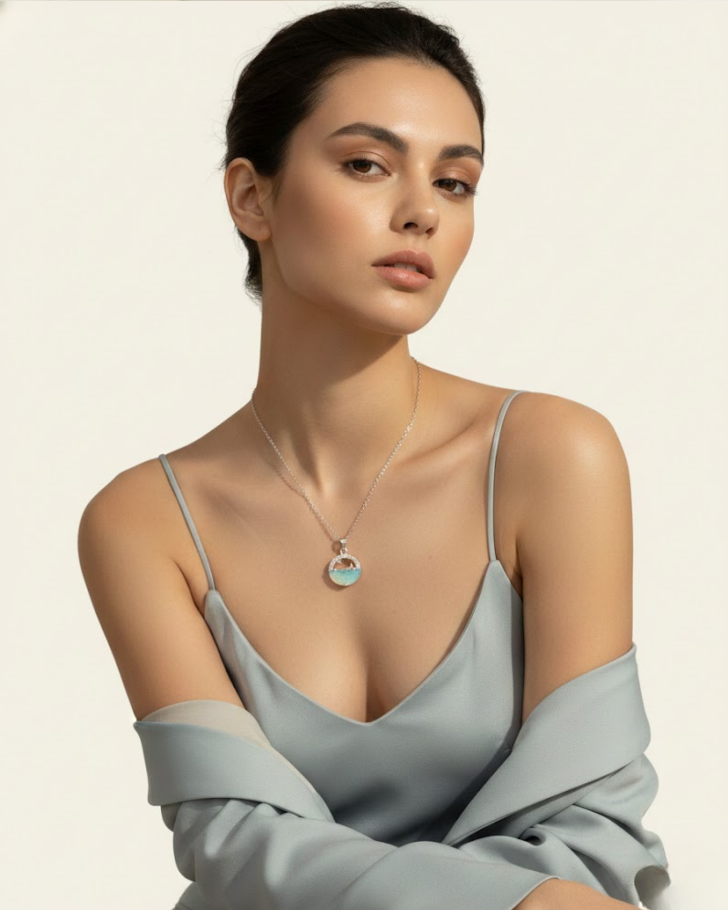 Moon & Ocean Wave Pendant Necklace – Silver-Tone Crystal Charm by Rusty