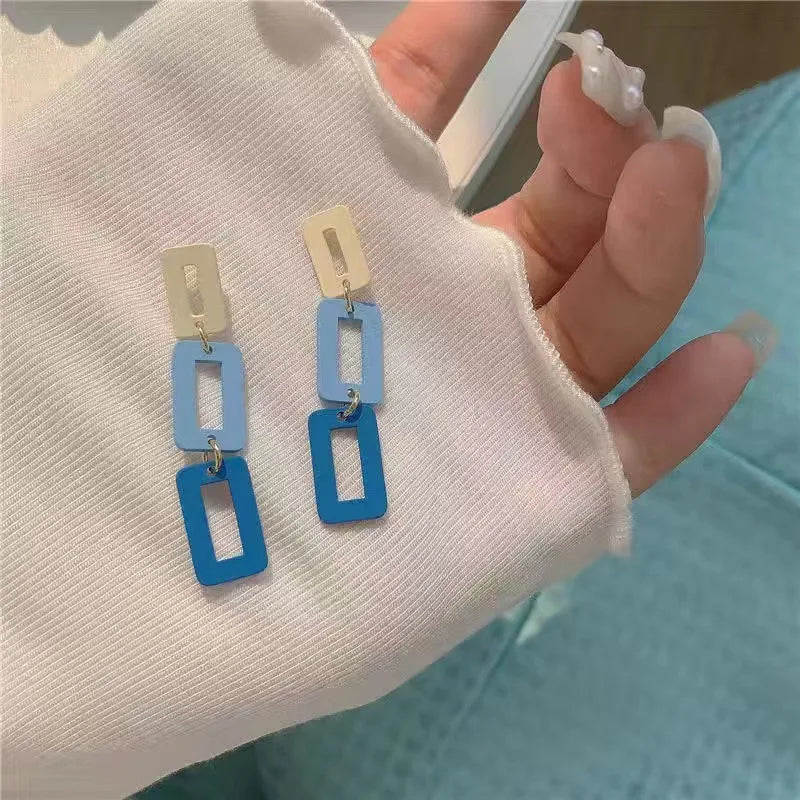 Rusty Geometric Blue Rectangle Drop Earrings