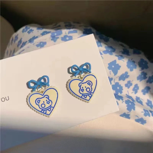 Rusty Teddy Heart Bow Earrings