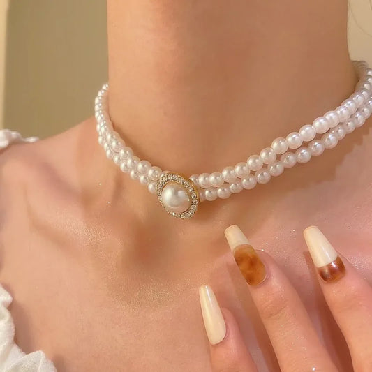 Classic Pearl Choker Necklace – Triple Strand with Crystal Accent by Rusty