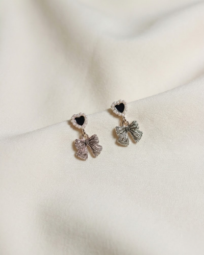 Rusty Black Heart Bow Drop Earrings