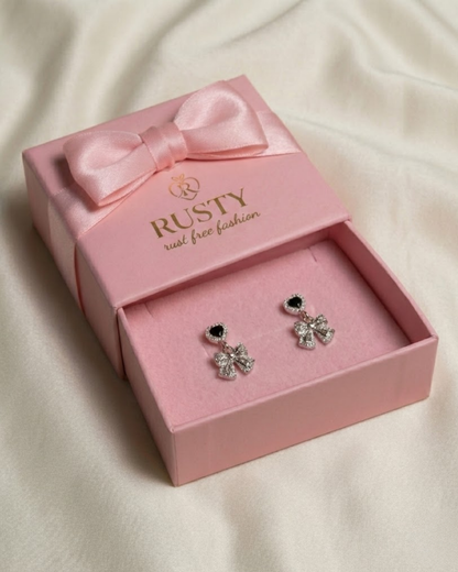 Rusty Black Heart Bow Drop Earrings