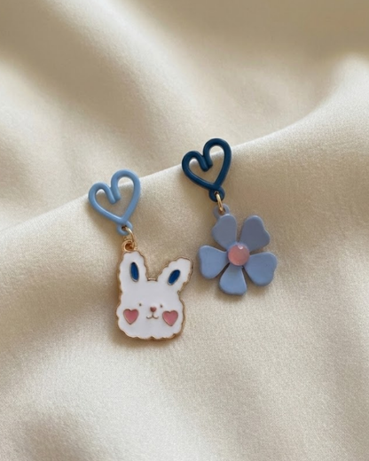 Rusty Blue Bunny & Flower Heart Drop Earrings – Cute Mismatch Design