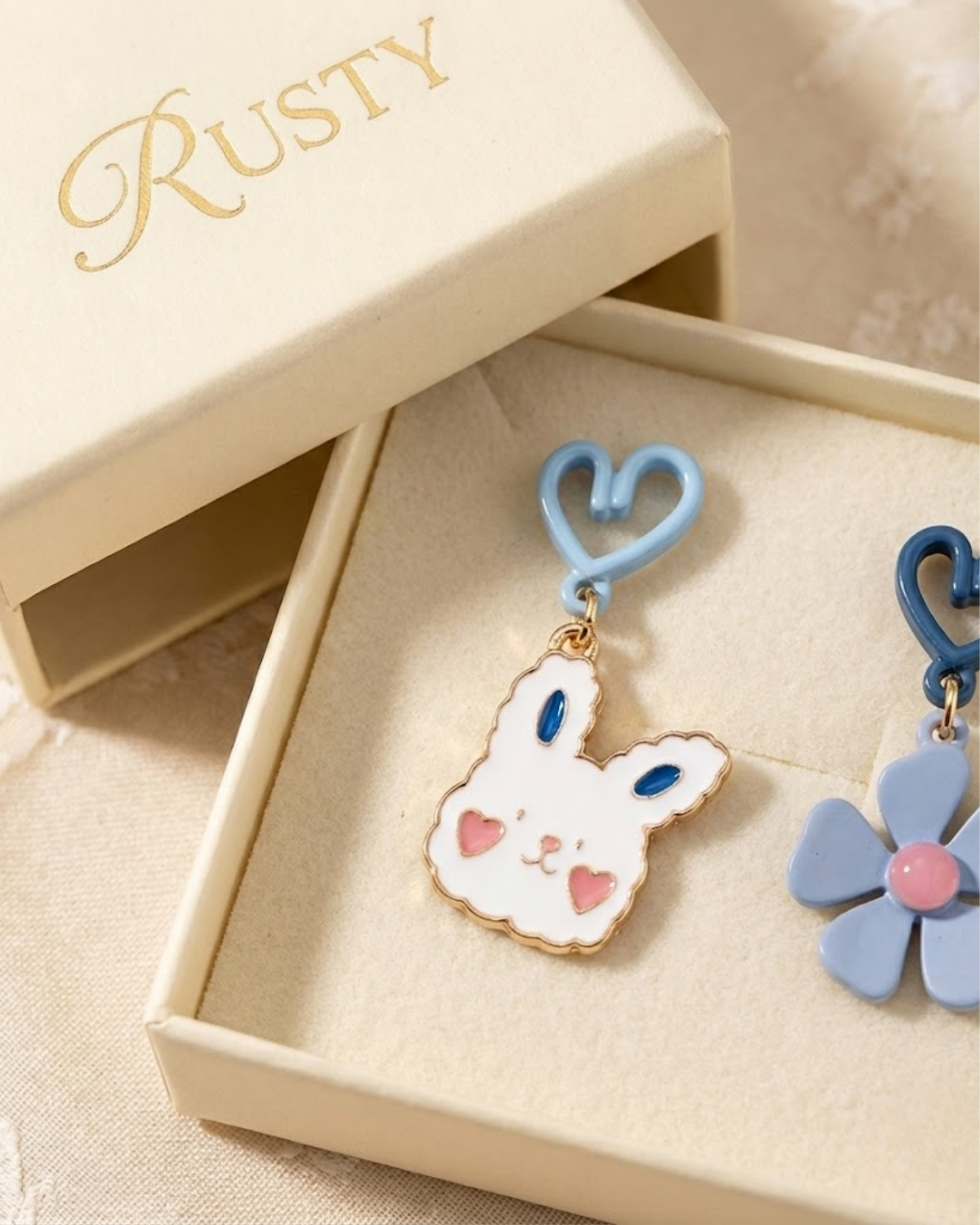 Rusty Blue Bunny & Flower Heart Drop Earrings – Cute Mismatch Design