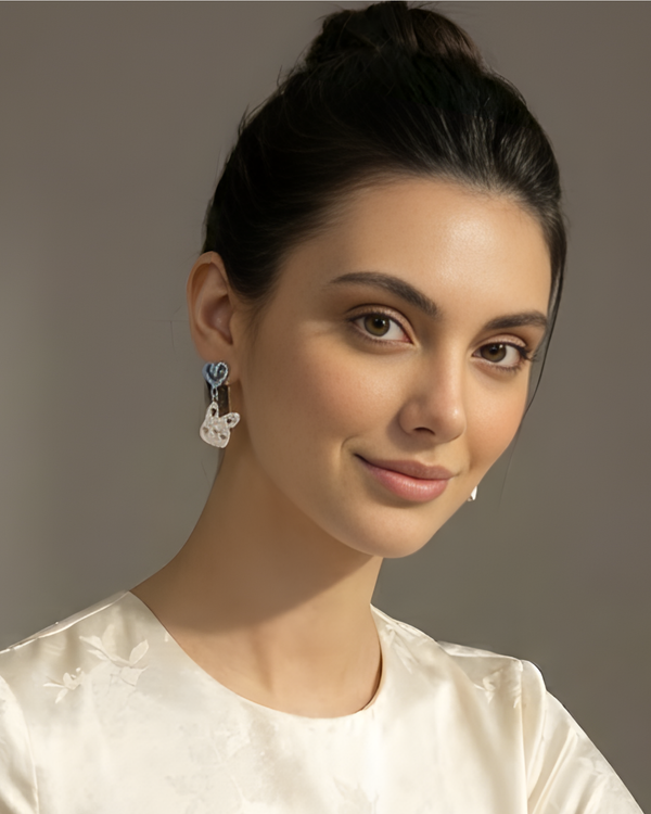 Rusty Blue Bunny & Flower Heart Drop Earrings – Cute Mismatch Design