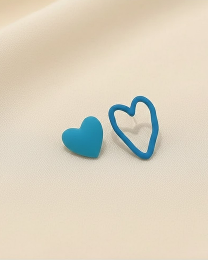 Rusty Blue Heart Mismatch Stud Earrings