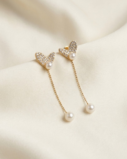 Rusty Crystal Heart Pearl Drop Earrings