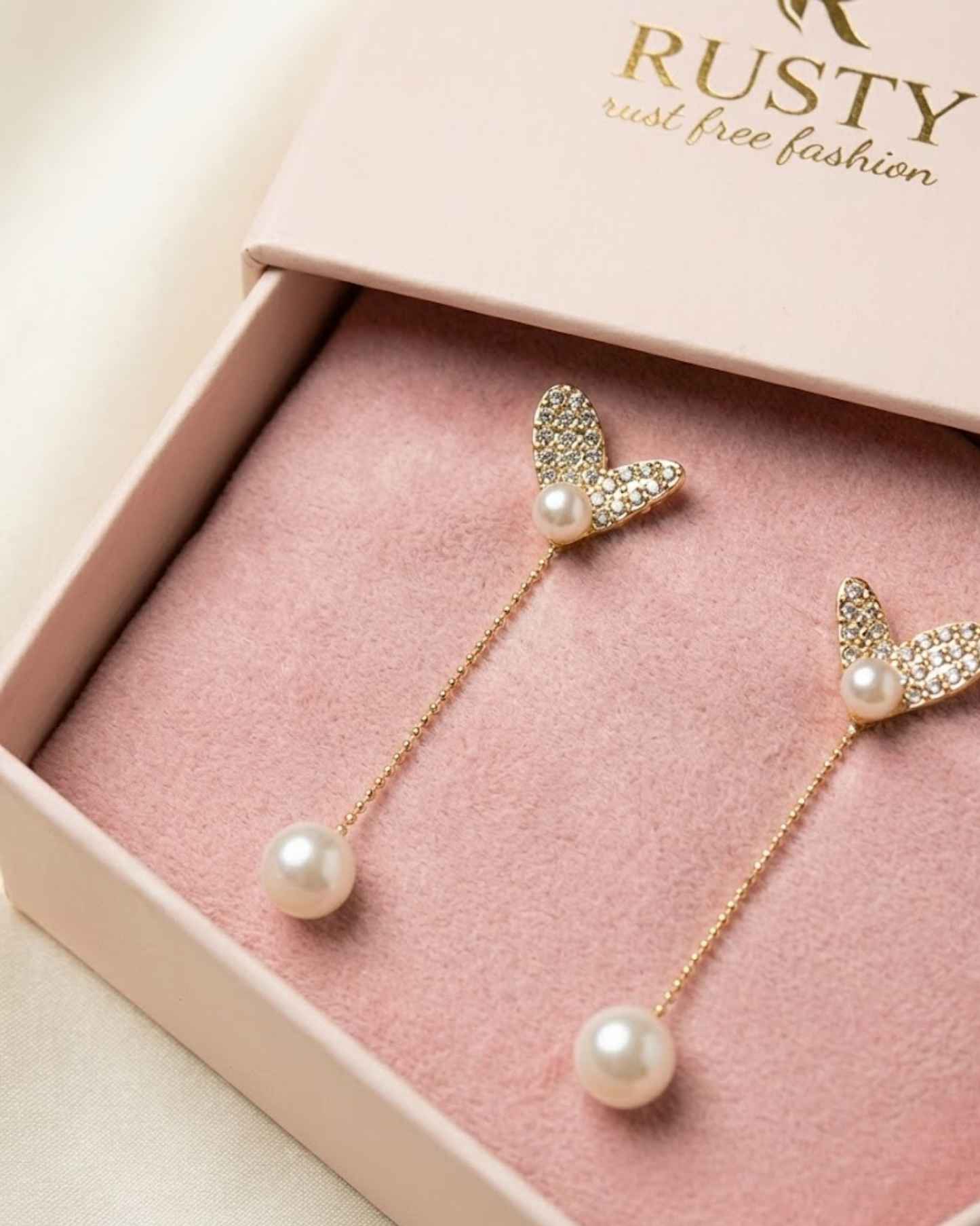 Rusty Crystal Heart Pearl Drop Earrings